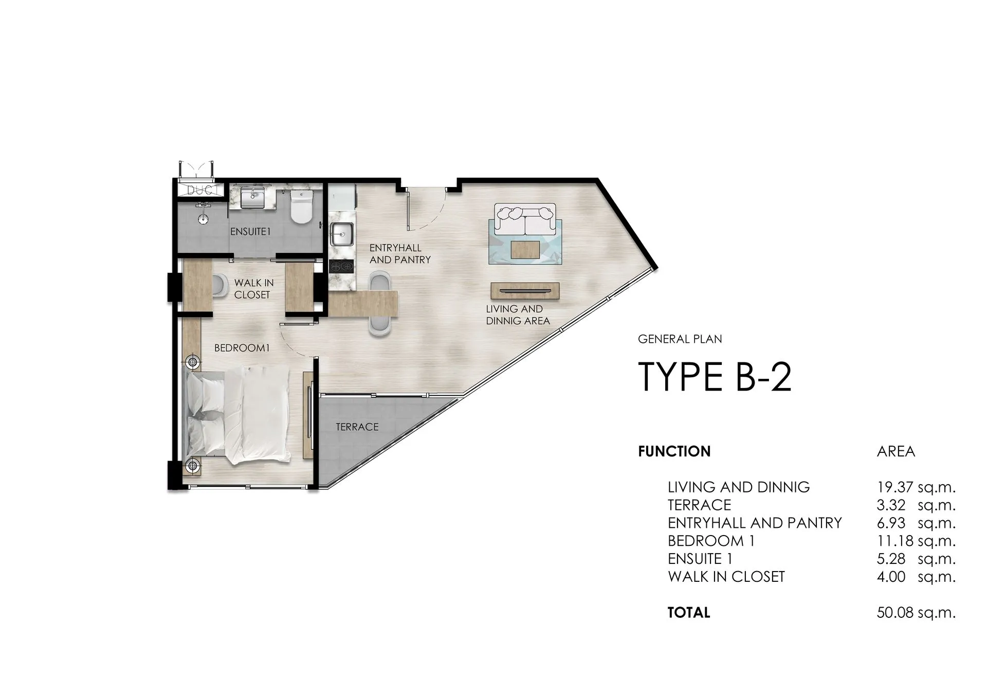 2-bedroom condo, 54 sqm