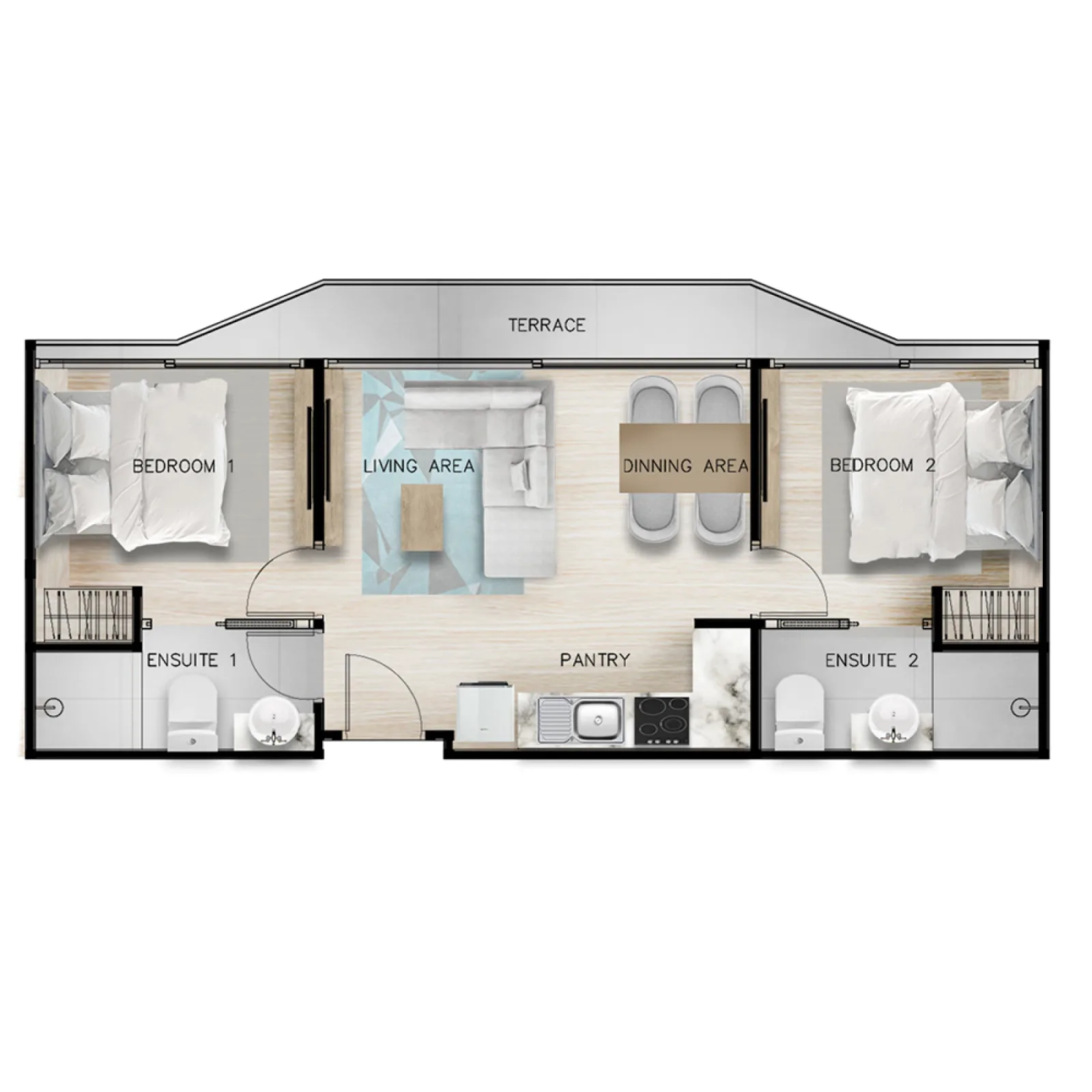 2-bedroom condo, 54 sqm