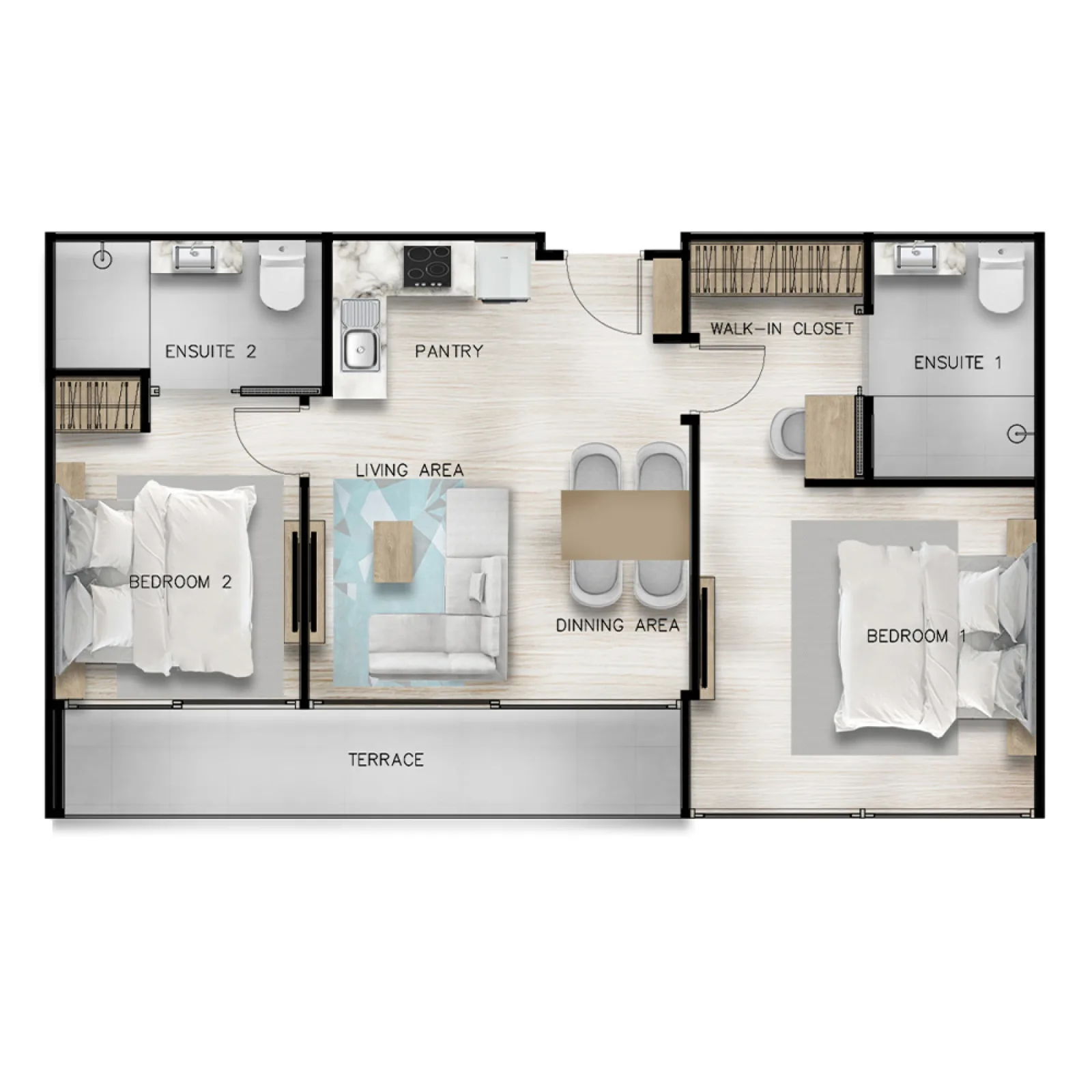 2-bedroom condo, 54 sqm