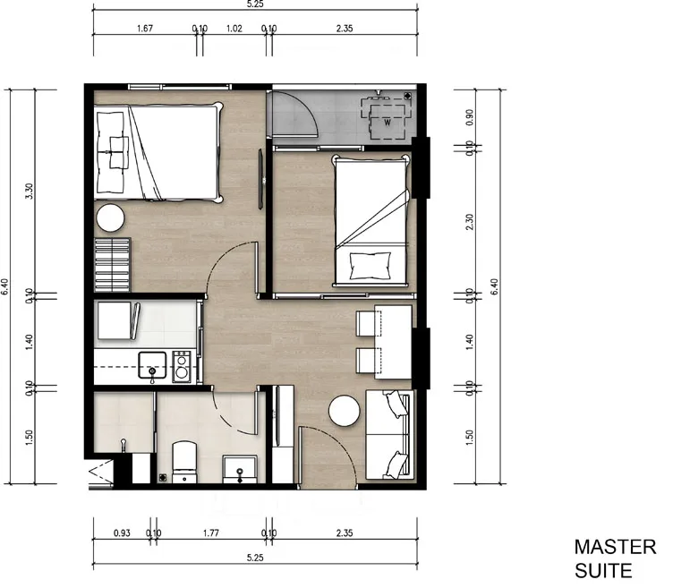 2-bedroom condo, 34 sqm