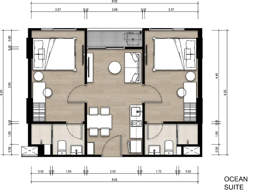 2-bedroom condo, 34 sqm