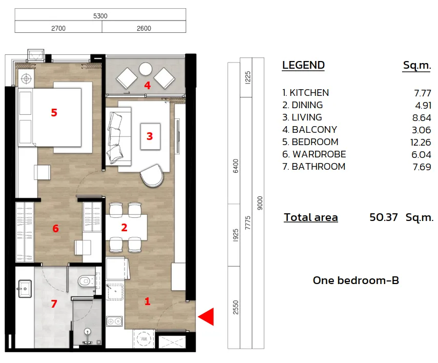 1-bedroom condo, 40 sqm