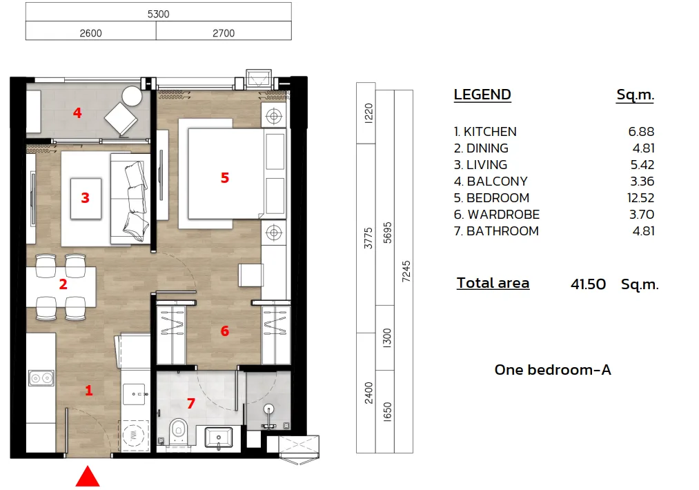 1-bedroom condo, 40 sqm