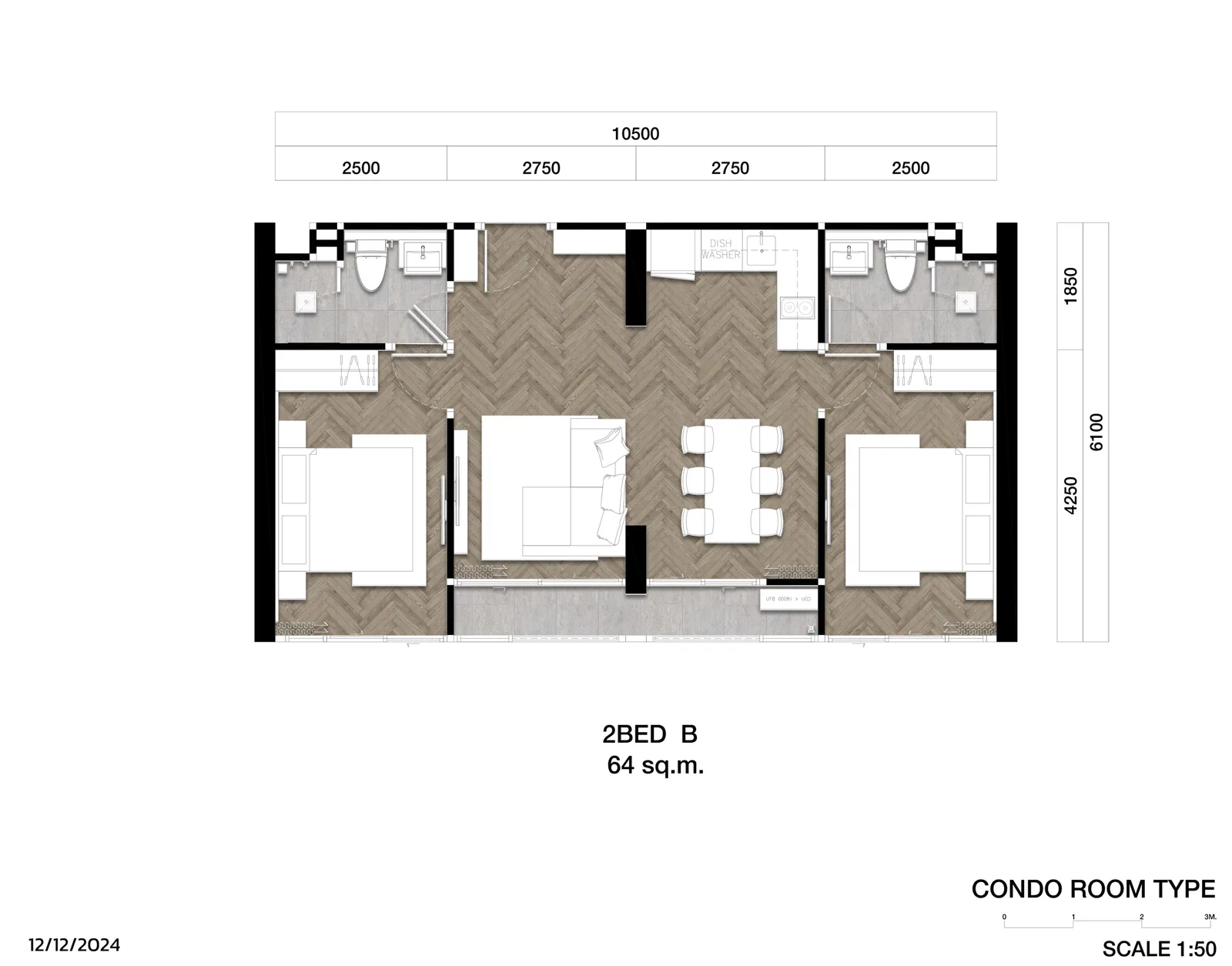 2-bedroom condo, 64 sqm