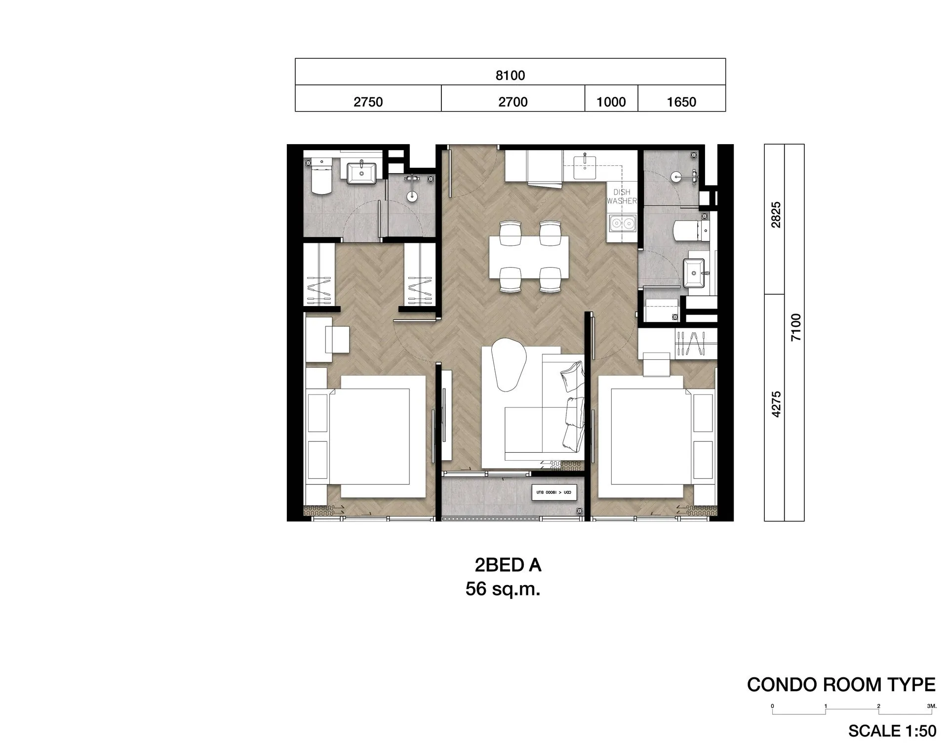 2-bedroom condo, 64 sqm