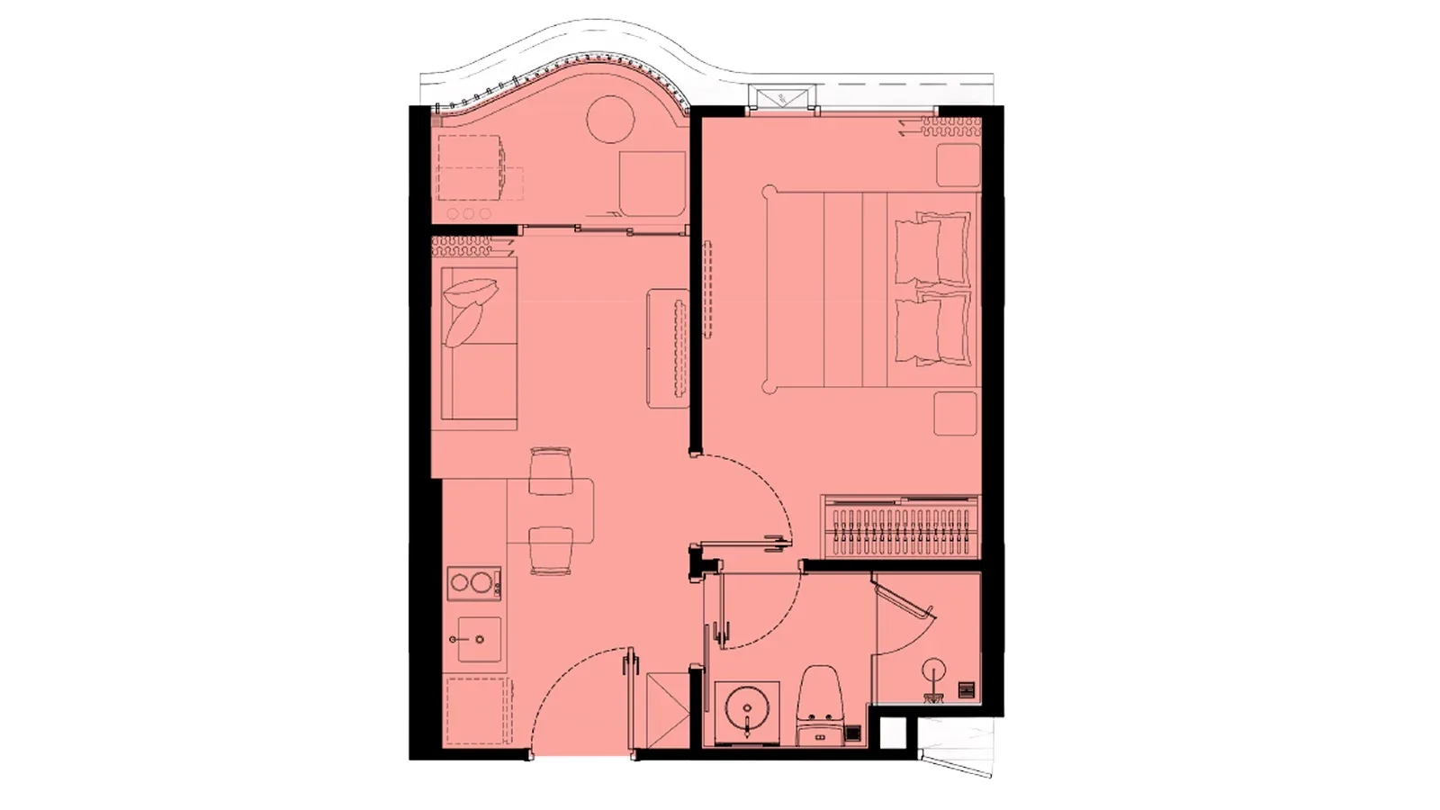 1-bedroom condo, 30 sqm