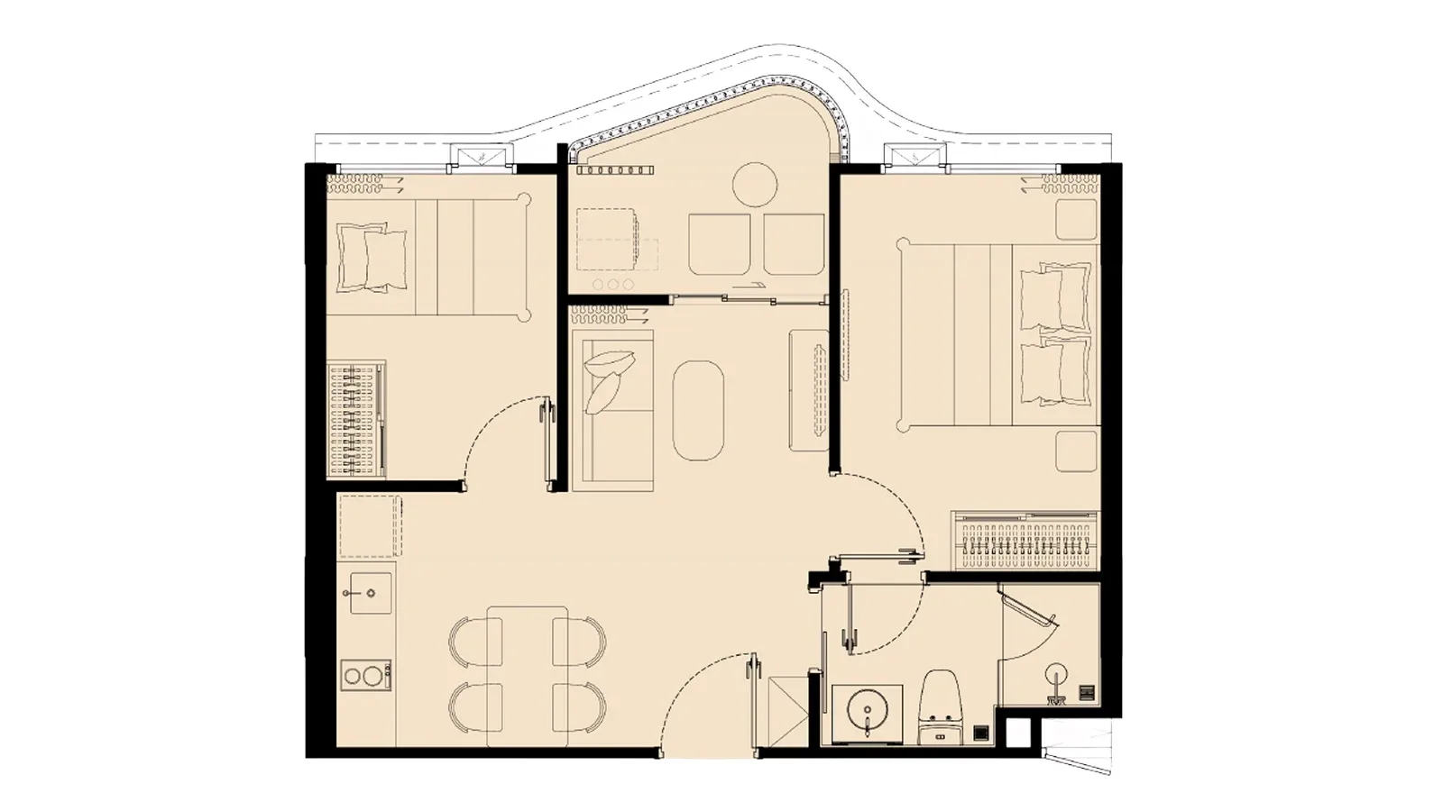2-bedroom condo, 46 sqm