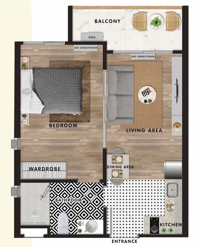 1-bedroom condo, 36 sqm