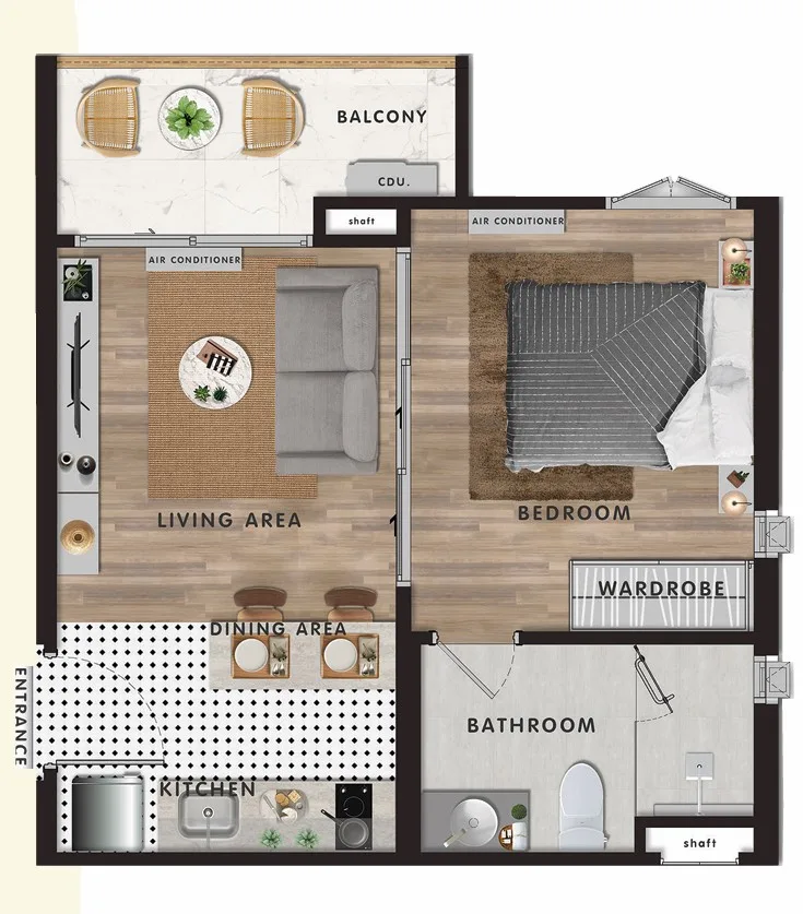 1-bedroom condo, 36 sqm