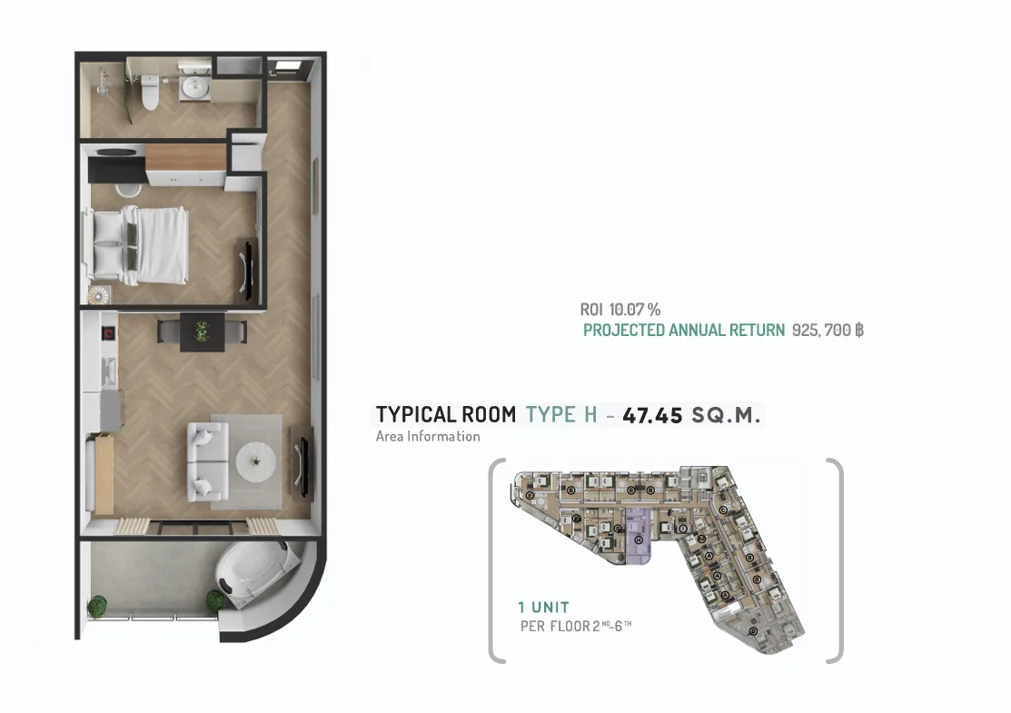 1-bedroom condo, 36 sqm