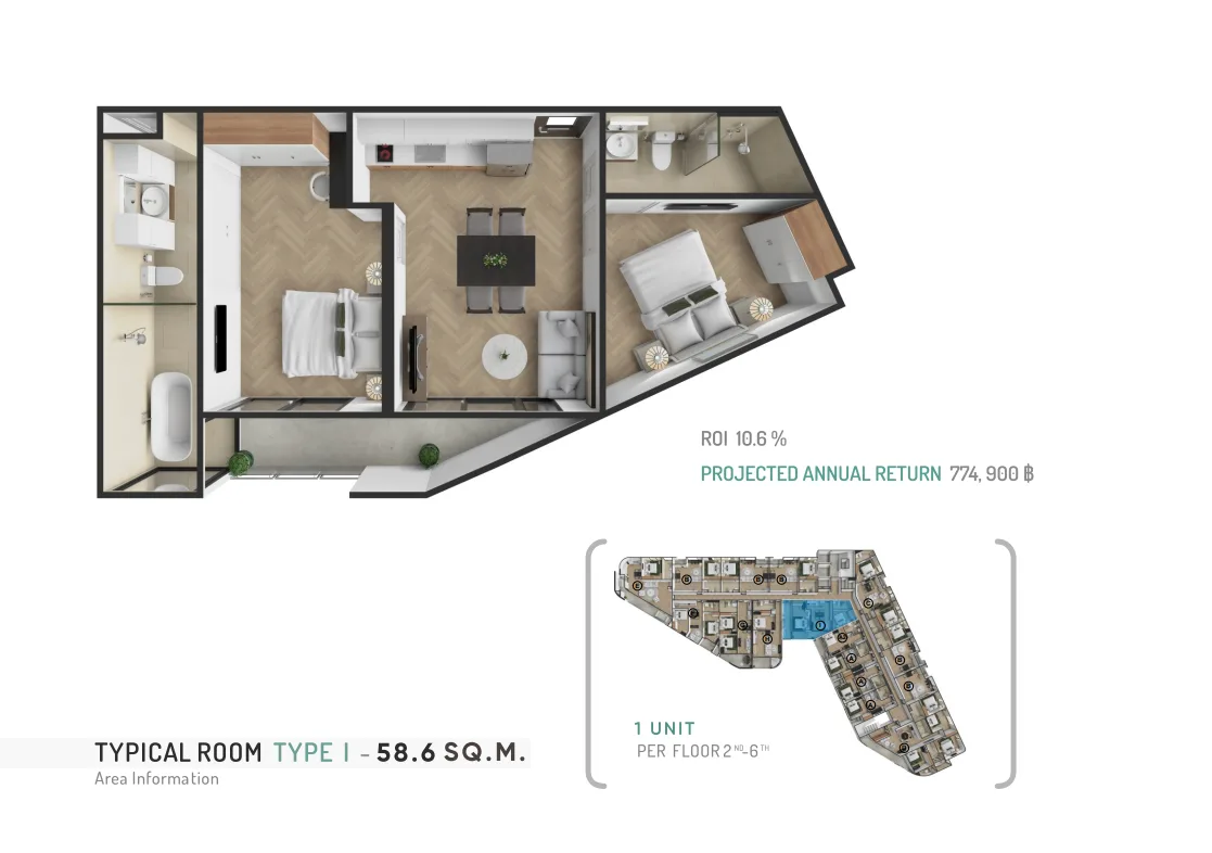 2-bedroom condo, 59 sqm