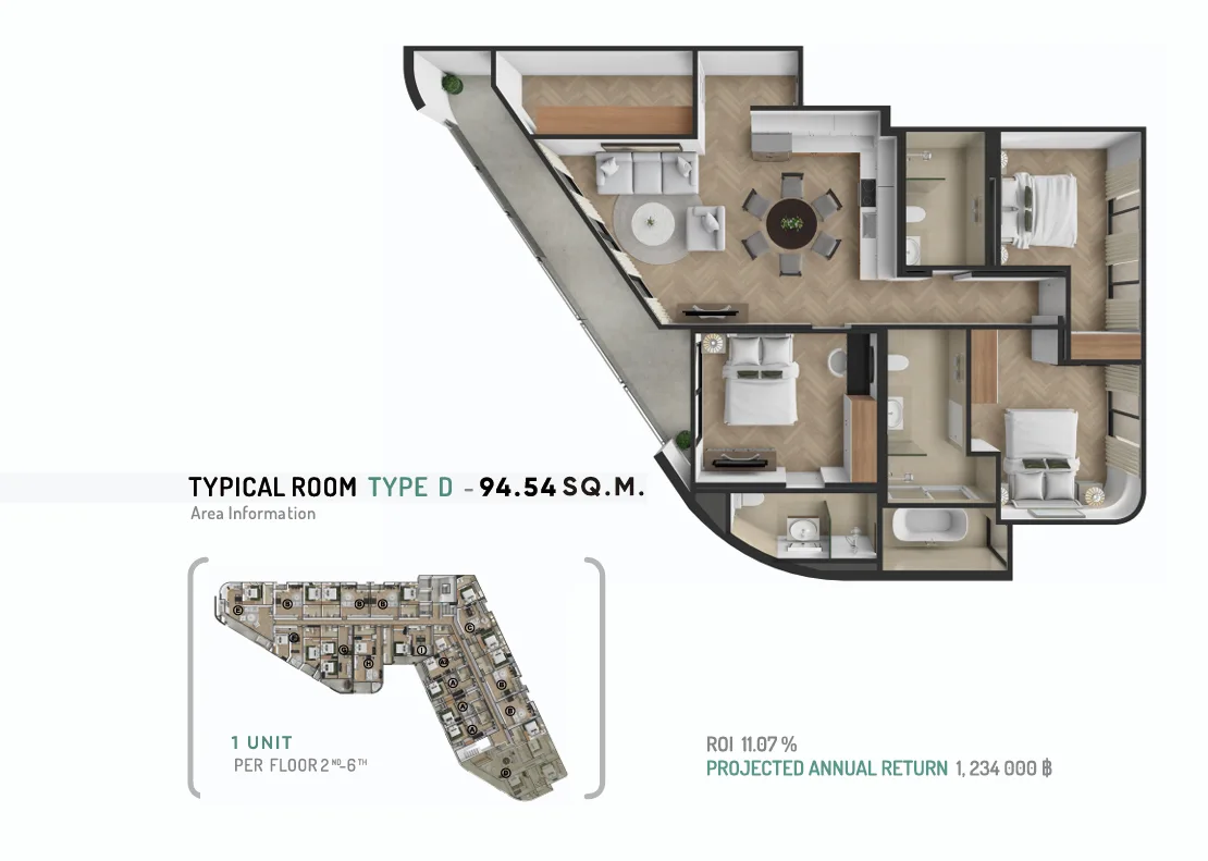 3-bedroom condo, 95 sqm