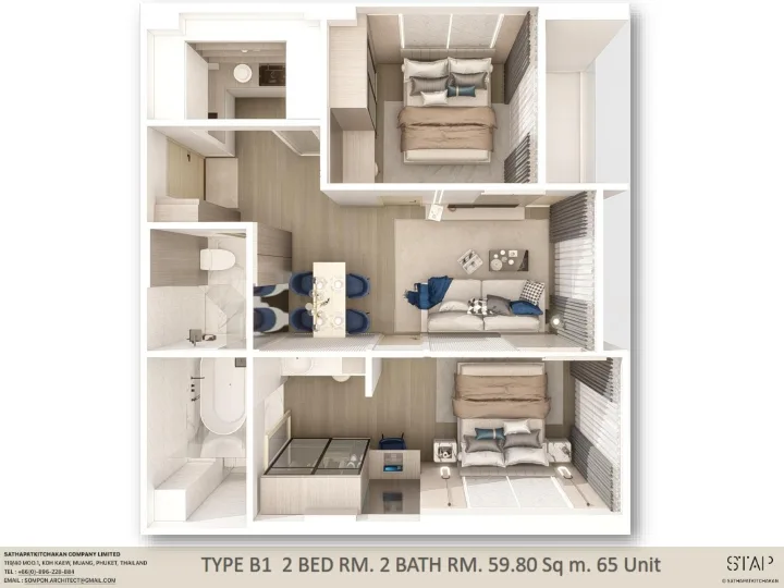 2-bedroom condo, 59 sqm