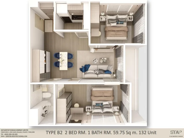 2-bedroom condo, 59 sqm