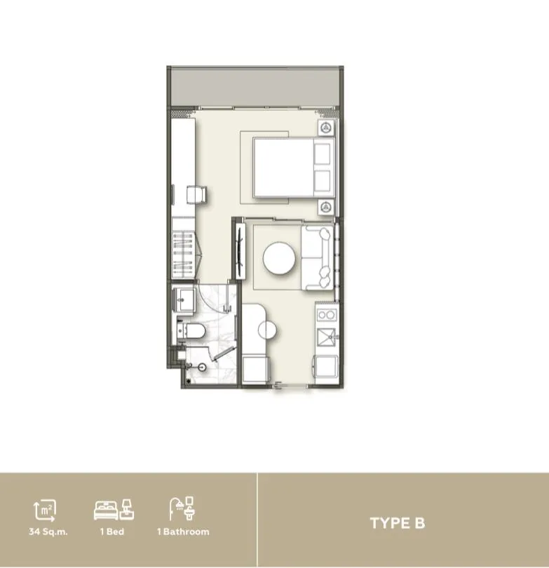 1-bedroom condo, 34 sqm