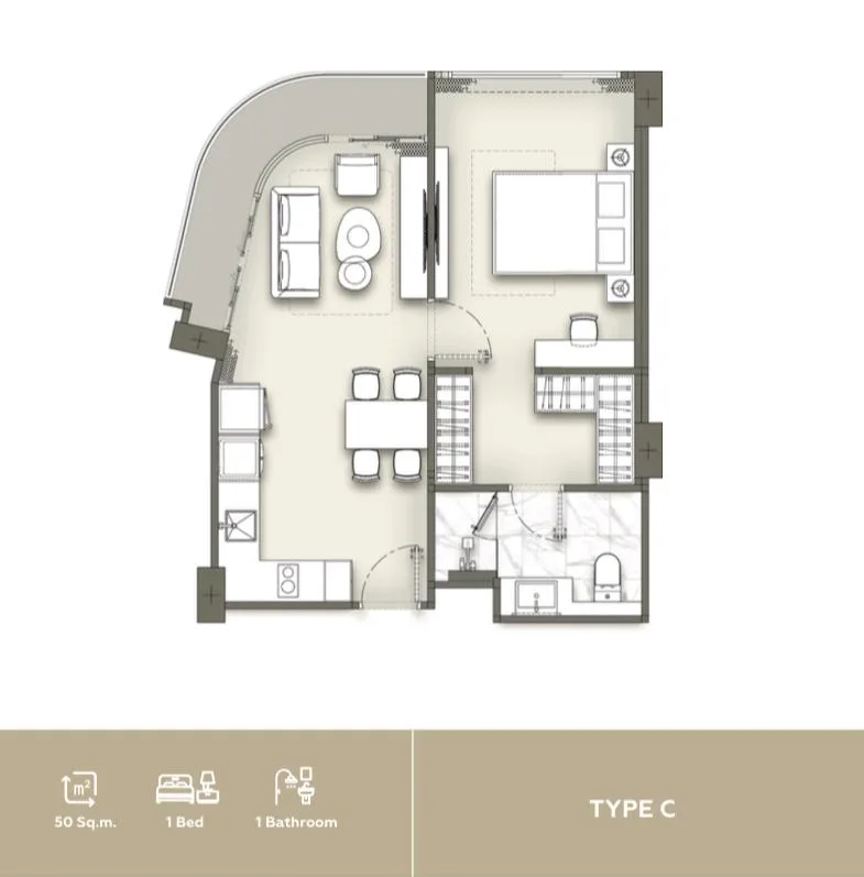 1-bedroom condo, 34 sqm