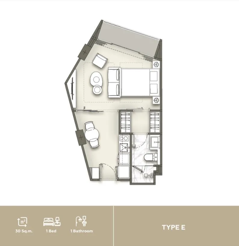 1-bedroom condo, 34 sqm