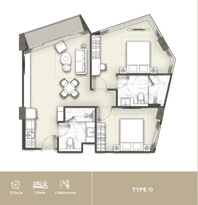 2-bedroom condo, 62 sqm
