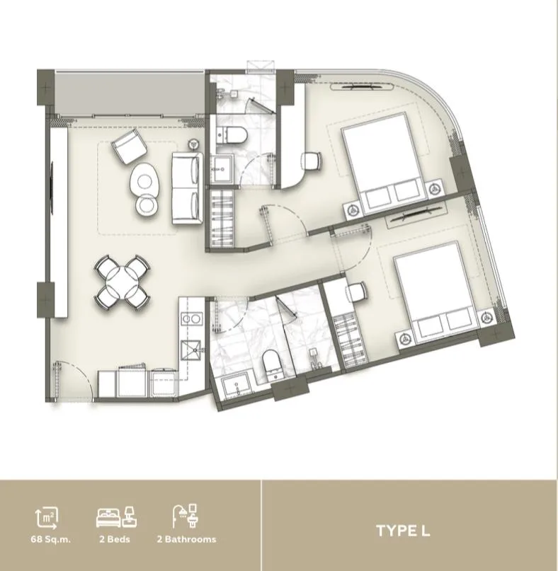 2-bedroom condo, 62 sqm