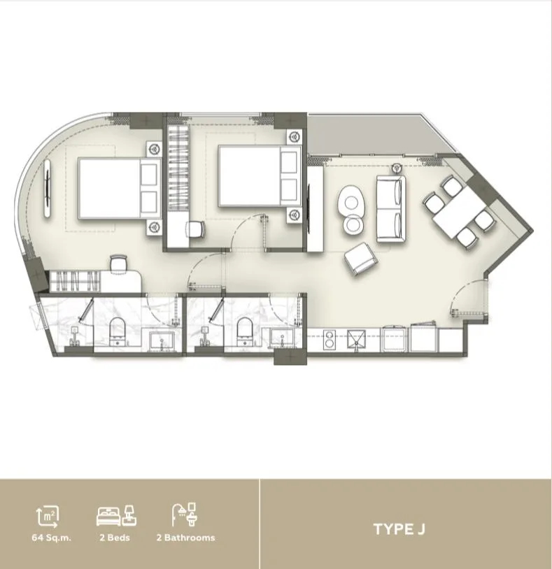 2-bedroom condo, 62 sqm