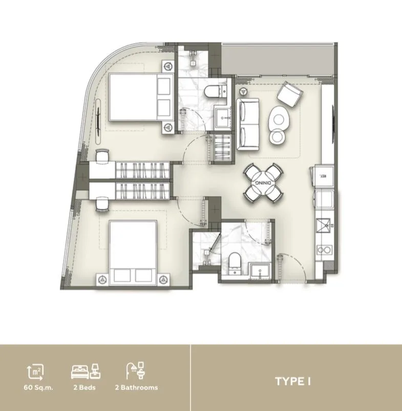 2-bedroom condo, 62 sqm