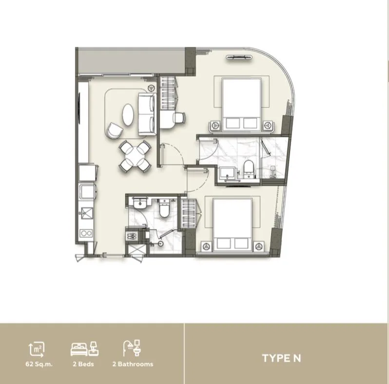 2-bedroom condo, 62 sqm