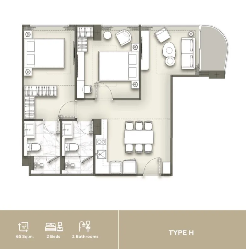 2-bedroom condo, 62 sqm