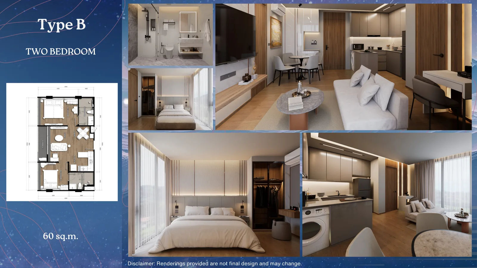 2-bedroom condo, 60 sqm