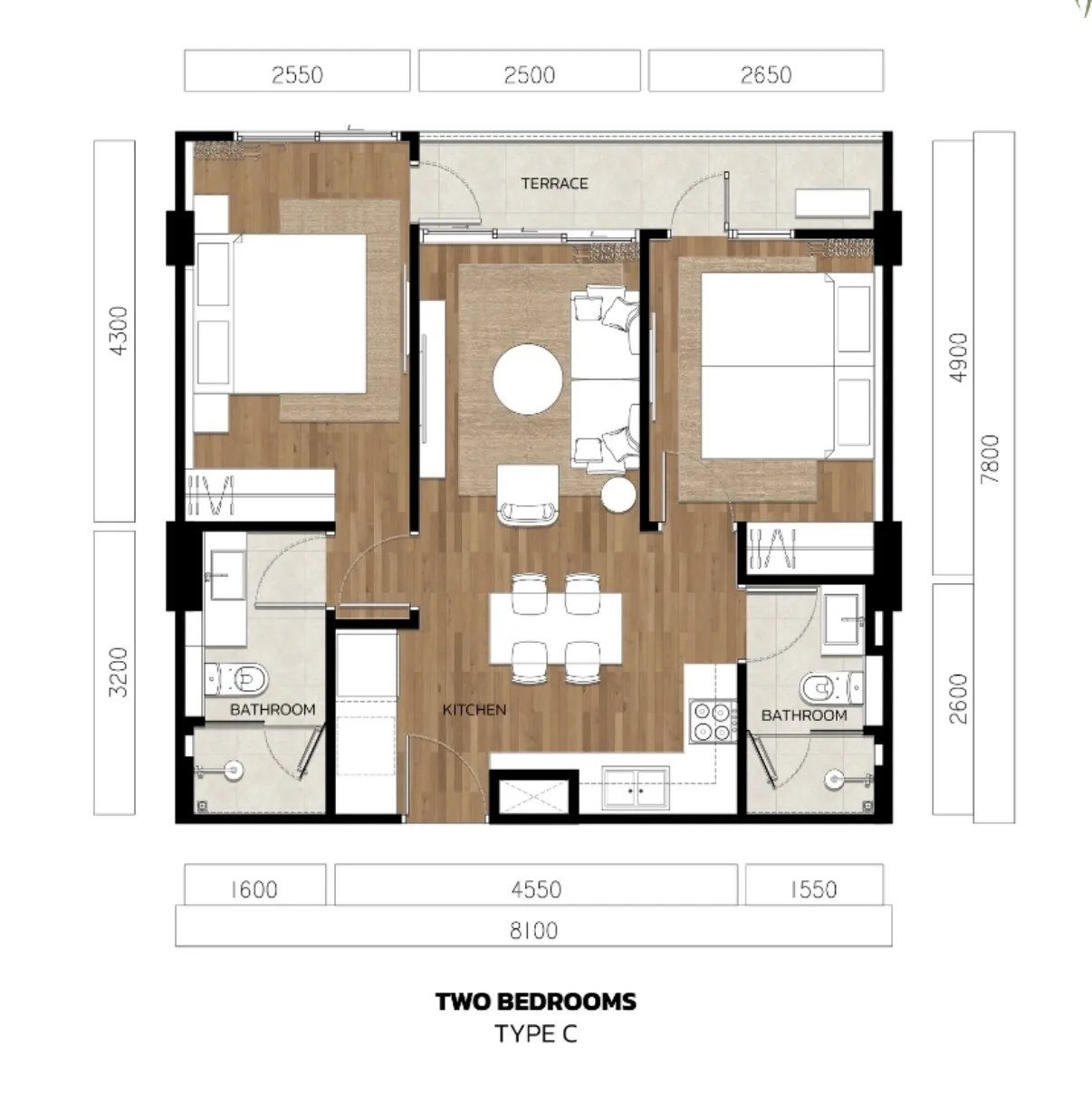 2-bedroom condo, 60 sqm