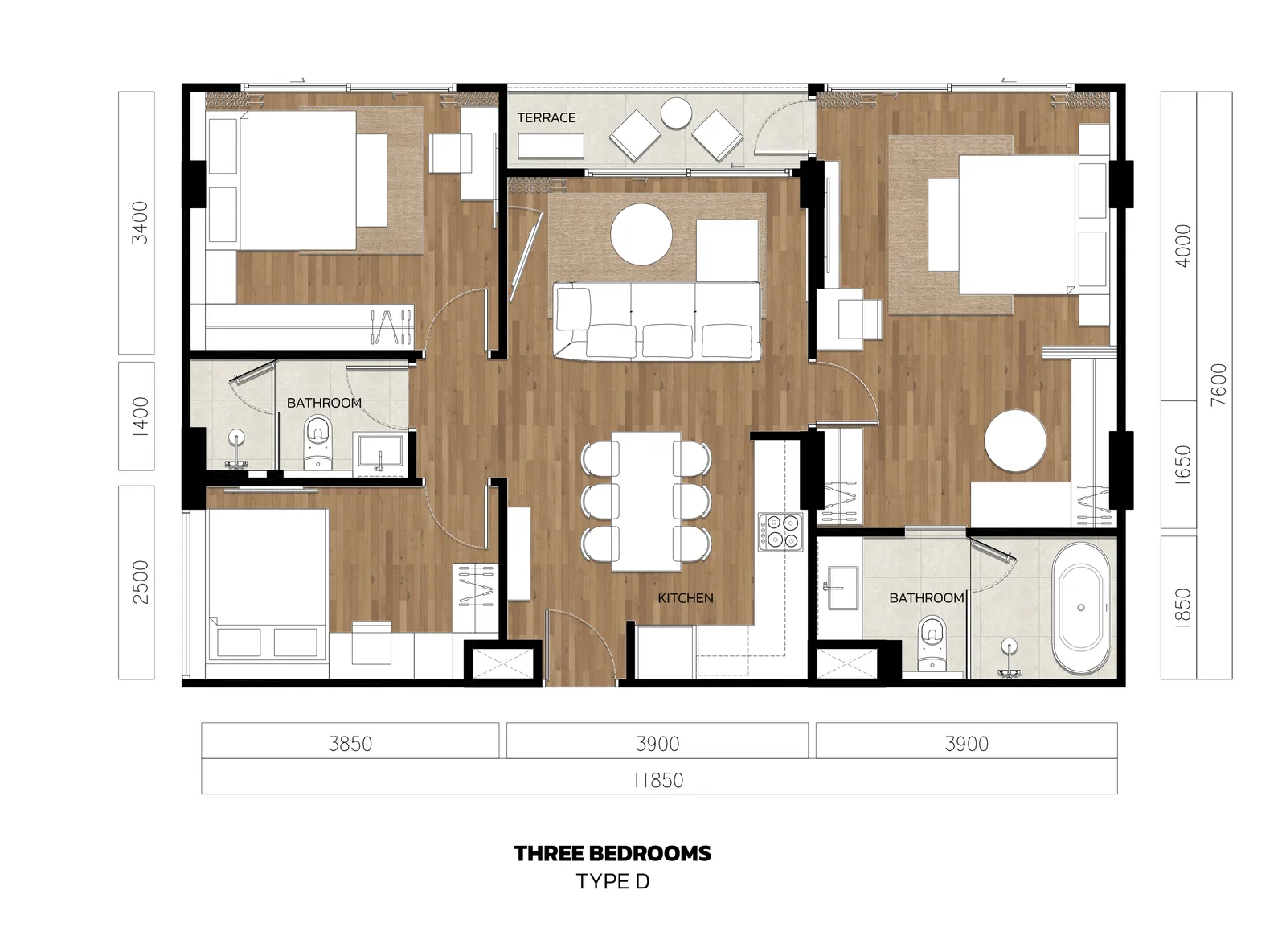 3-bedroom condo, 90 sqm