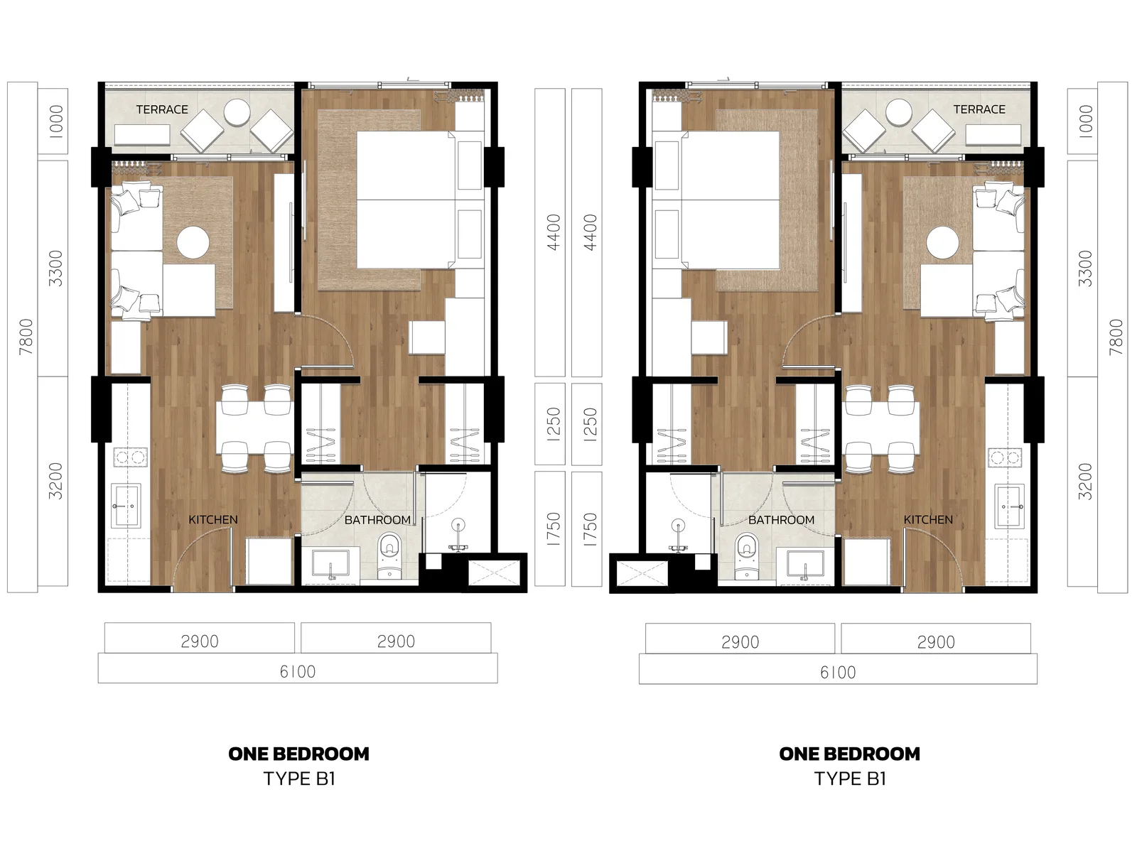 1-bedroom condo, 45 sqm
