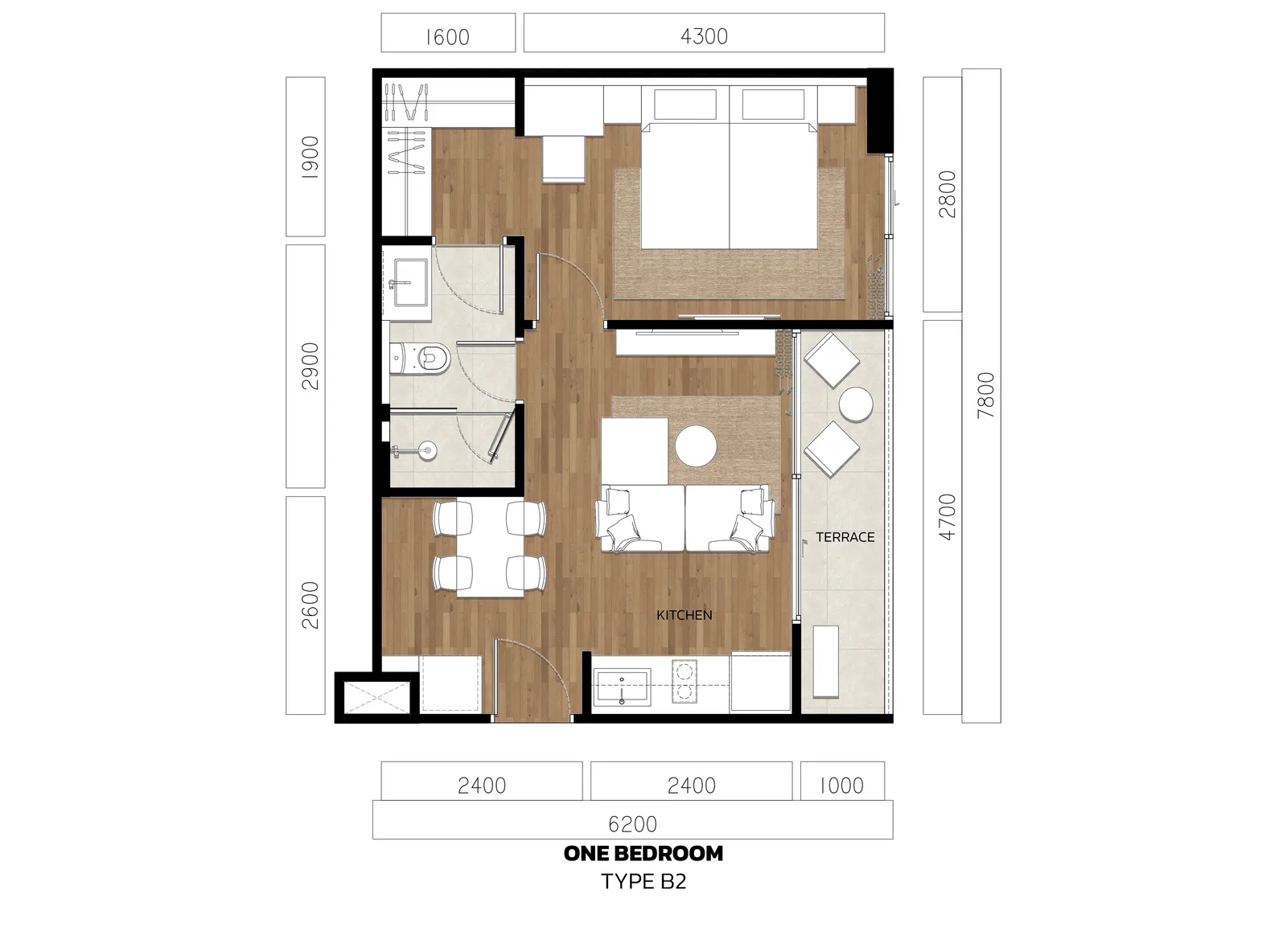 1-bedroom condo, 45 sqm