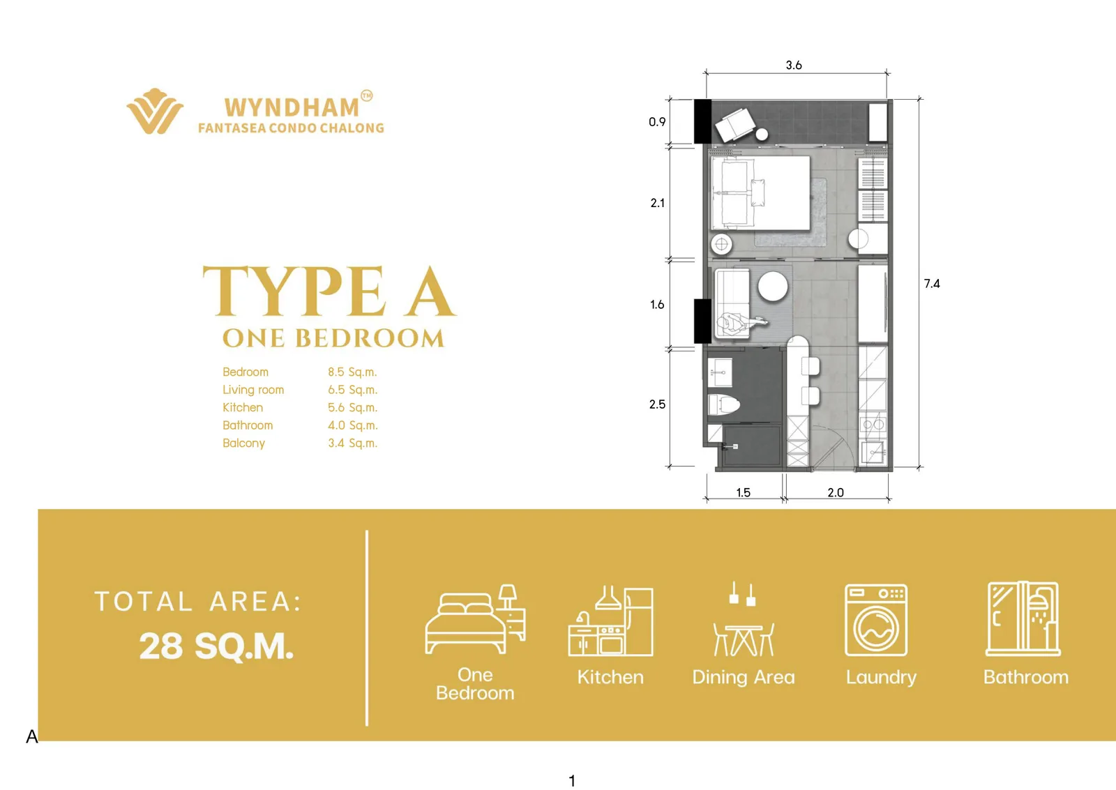 1-bedroom condo, 28 sqm