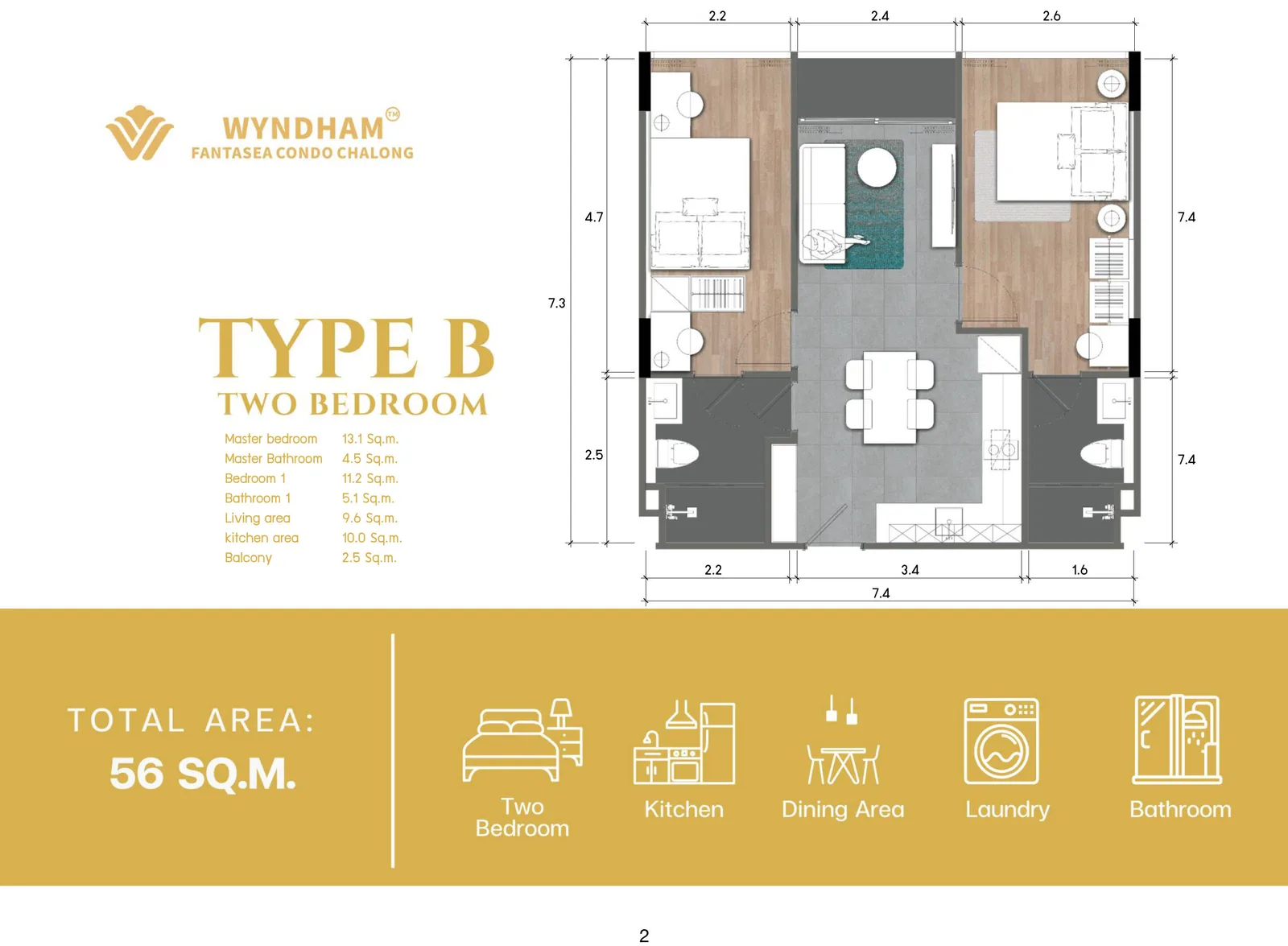 2-bedroom condo, 56 sqm