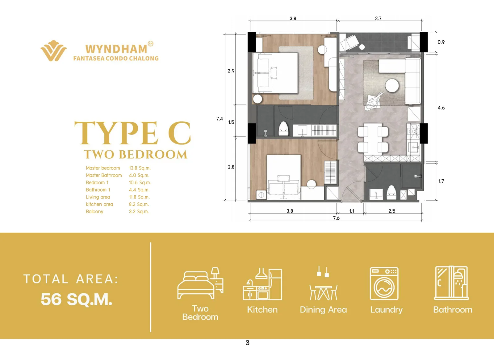 2-bedroom condo, 56 sqm