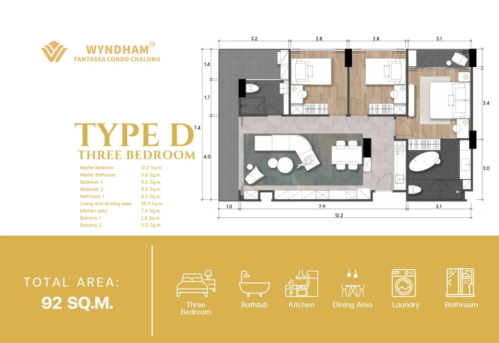 3-bedroom condo, 92 sqm
